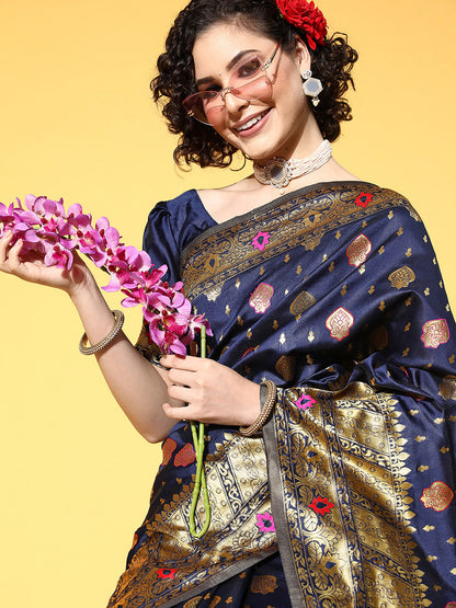Women's Silk Blend Navy Blue Woven Design Celebrity Saree With Blouse Piece