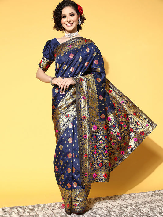 Women's Silk Blend Navy Blue Woven Design Celebrity Saree With Blouse Piece