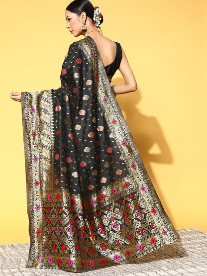 Women's Silk Blend Black Woven Design Celebrity Saree With Blouse Piece