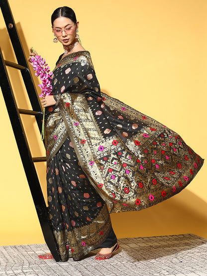 Women's Silk Blend Black Woven Design Celebrity Saree With Blouse Piece