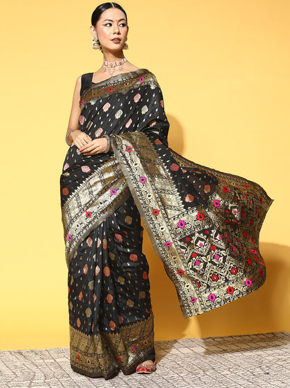 Women's Silk Blend Black Woven Design Celebrity Saree With Blouse Piece