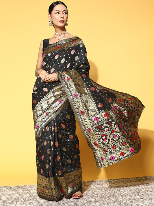 Women's Silk Blend Black Woven Design Celebrity Saree With Blouse Piece