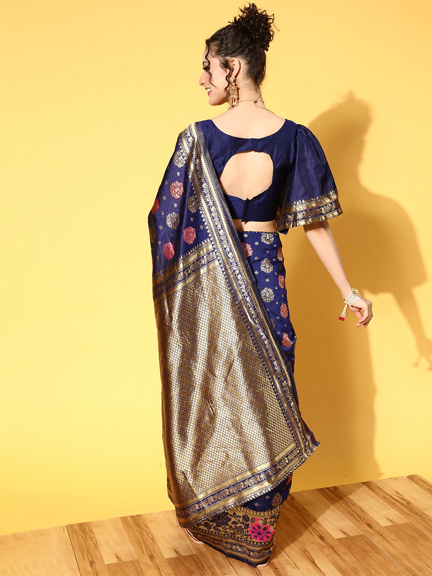 Women's Silk Blend Navy Blue Woven Design Celebrity Saree With Blouse Piece