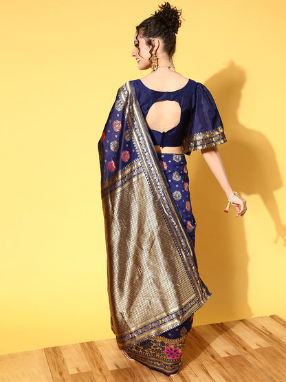 Women's Silk Blend Navy Blue Woven Design Celebrity Saree With Blouse Piece