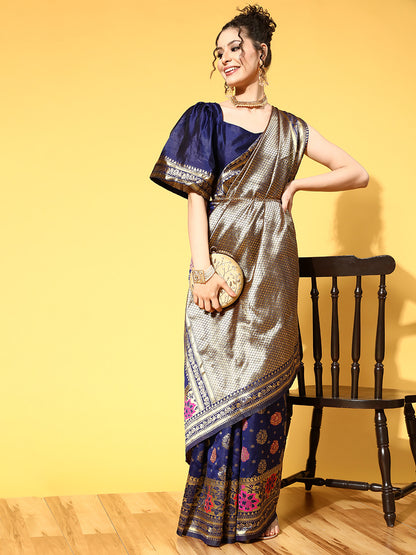 Women's Silk Blend Navy Blue Woven Design Celebrity Saree With Blouse Piece