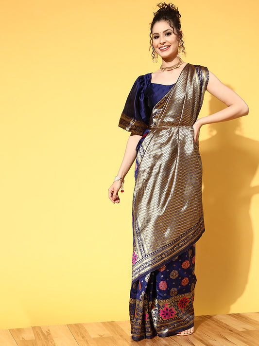Women's Silk Blend Navy Blue Woven Design Celebrity Saree With Blouse Piece