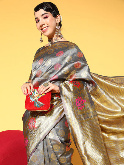 Women's Silk Blend Grey Woven Design Celebrity Saree With Blouse Piece