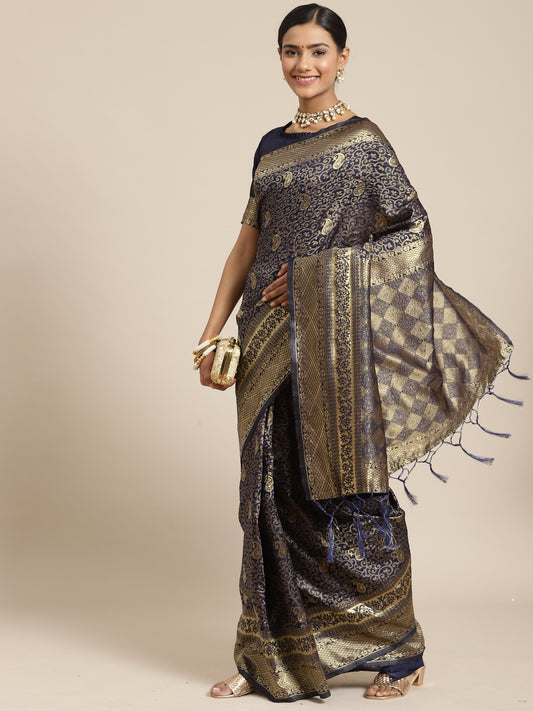 Women's Silk Blend Navy Blue Woven Design Woven saree With Blouse Piece