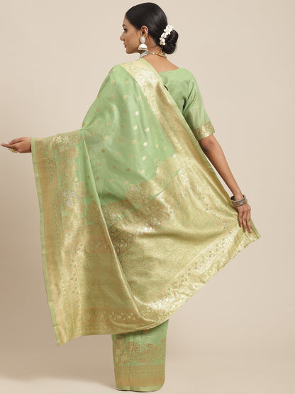 Women's Silk Cotton Green Woven Design Woven saree With Blouse Piece
