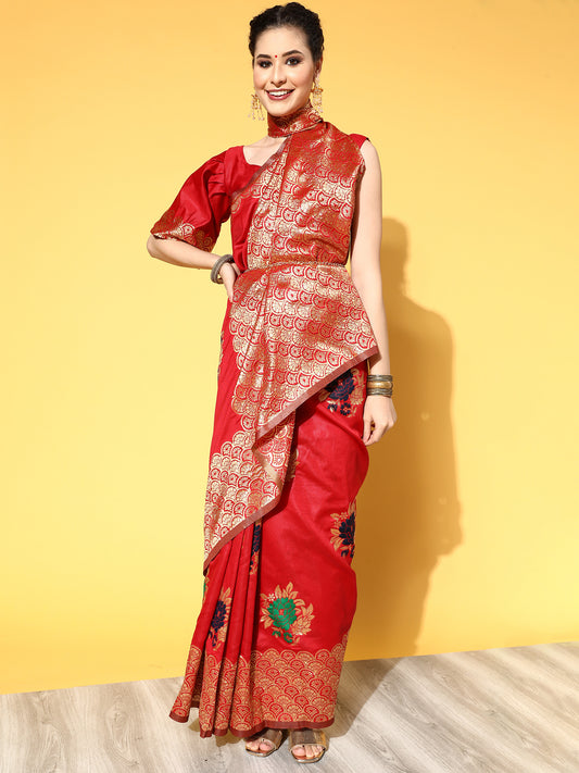 Women's Silk Blend Red Woven Design Celebrity Saree With Blouse Piece