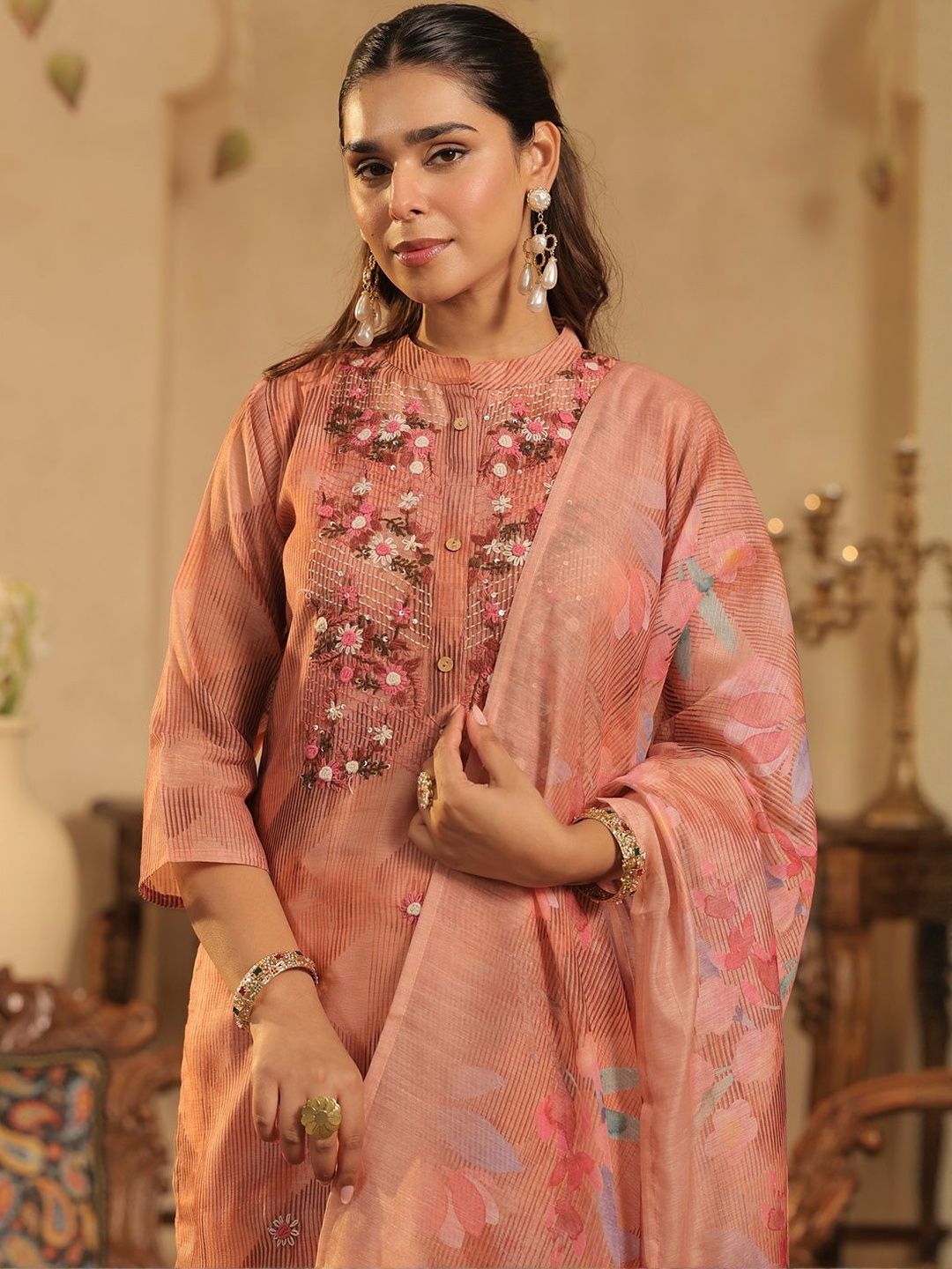 Floral Embroidered Straight Thread Work Kurta With Trousers & Dupatta