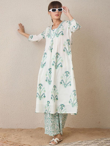 Dhiyona IE Women Floral Printed Regular Sequinned Pure Cotton Kurta with Palazzos