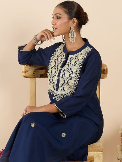 Dhiyona IE Printed Mandarin Collar Three-Quarter Sleeves Top With Trousers