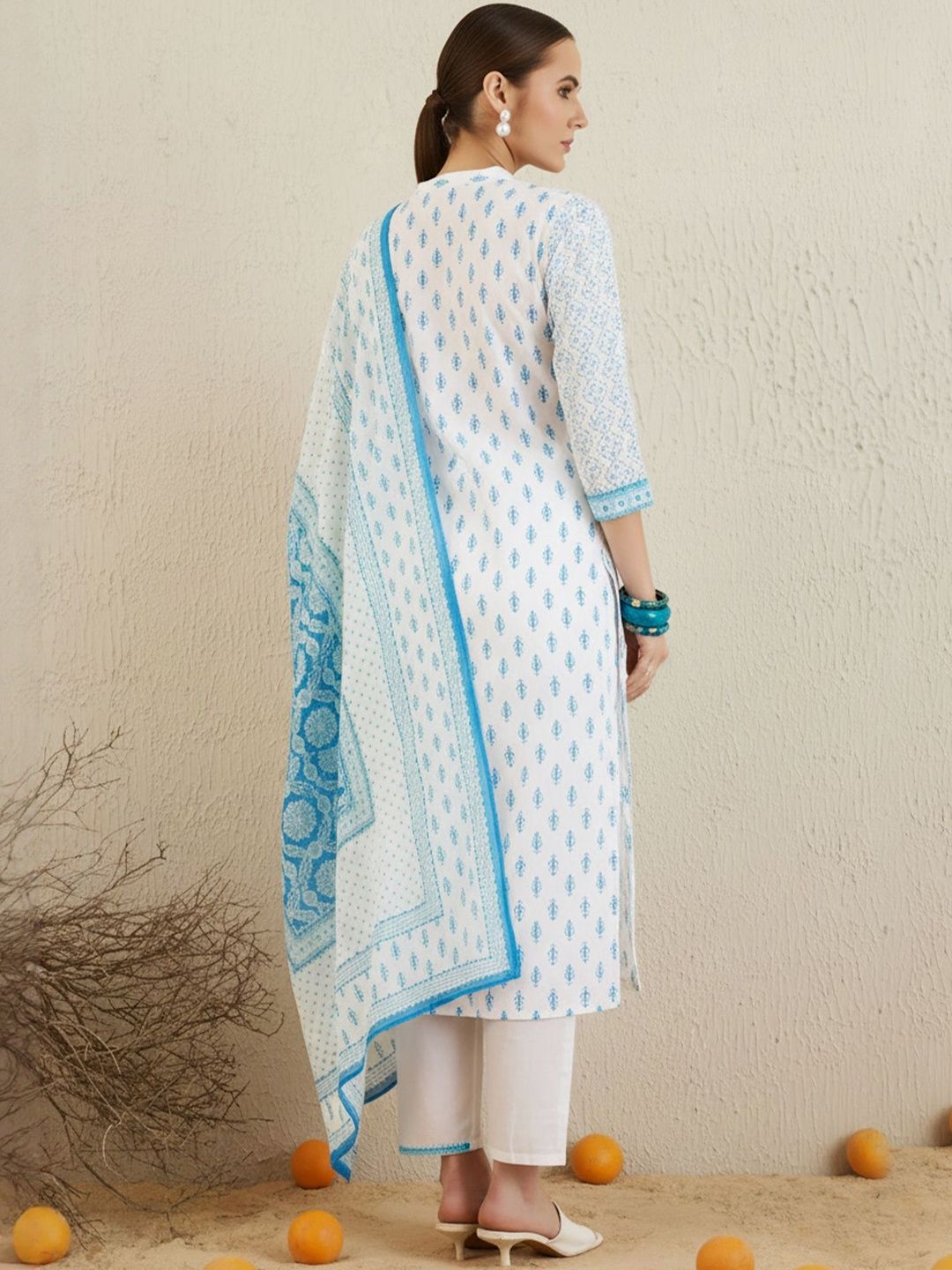 Ethnic Motifs Printed Notch Neck Pure Cotton Kurta With Trouser & Dupatta