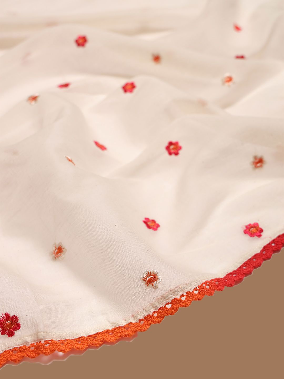 Dhiyona SO Women's Floral Embroidered Thread Work Cotton A-Line Kurta With Trouser And Dupatta