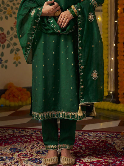 Dhiyona CH Floral Embroidered V-Neck Mirror Work Straight Kurta With Trousers & Dupatta