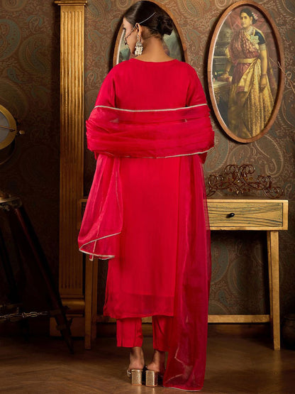 Floral Zari Embroidered Straight Kurta with Trouser & Dupatta