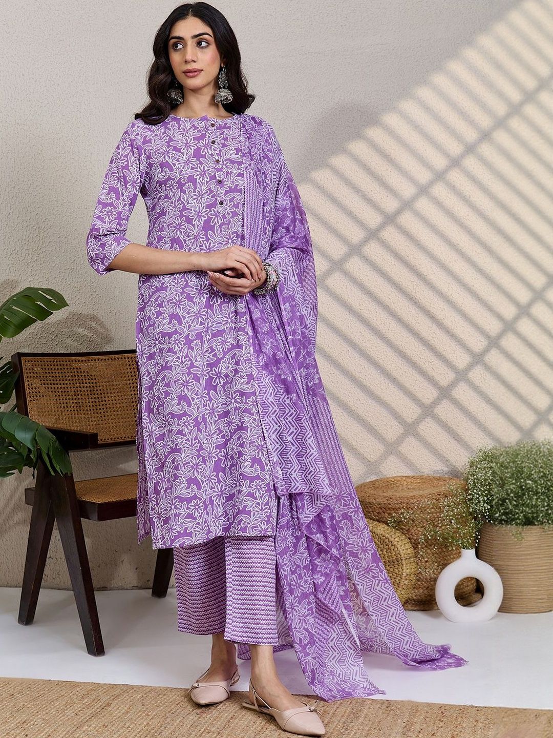 Women Floral Printed Regular Pure Cotton Kurta with Trousers & With Dupatta