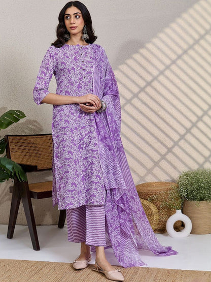 Women Floral Printed Regular Pure Cotton Kurta with Trousers & With Dupatta