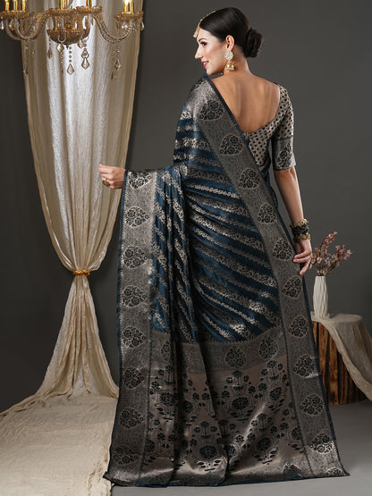 Women's Organza Teal blue Woven Design Designer Saree With Blouse Piece