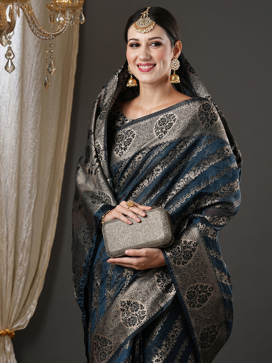 Women's Organza Teal blue Woven Design Designer Saree With Blouse Piece