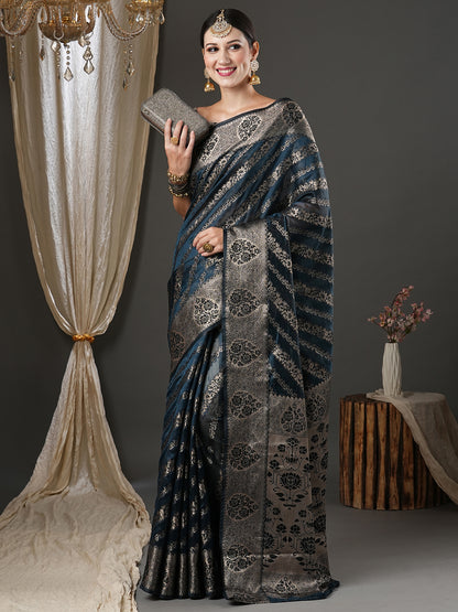 Women's Organza Teal blue Woven Design Designer Saree With Blouse Piece