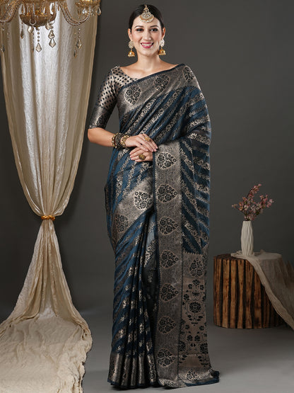 Women's Organza Teal blue Woven Design Designer Saree With Blouse Piece