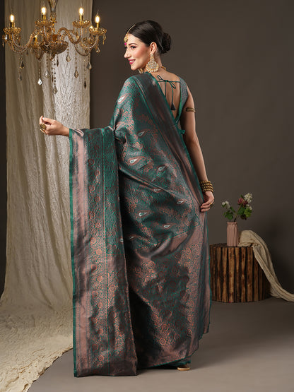 Women's Silk Blend Teal blue Woven Design Designer Saree With Blouse Piece