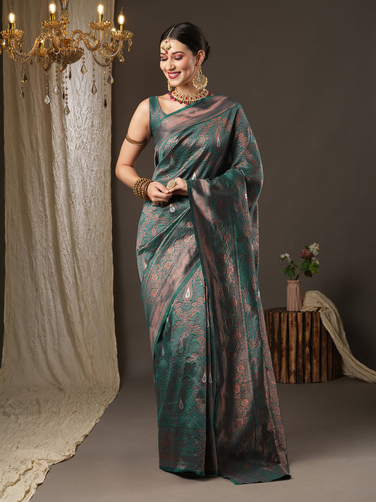 Women's Silk Blend Teal blue Woven Design Designer Saree With Blouse Piece