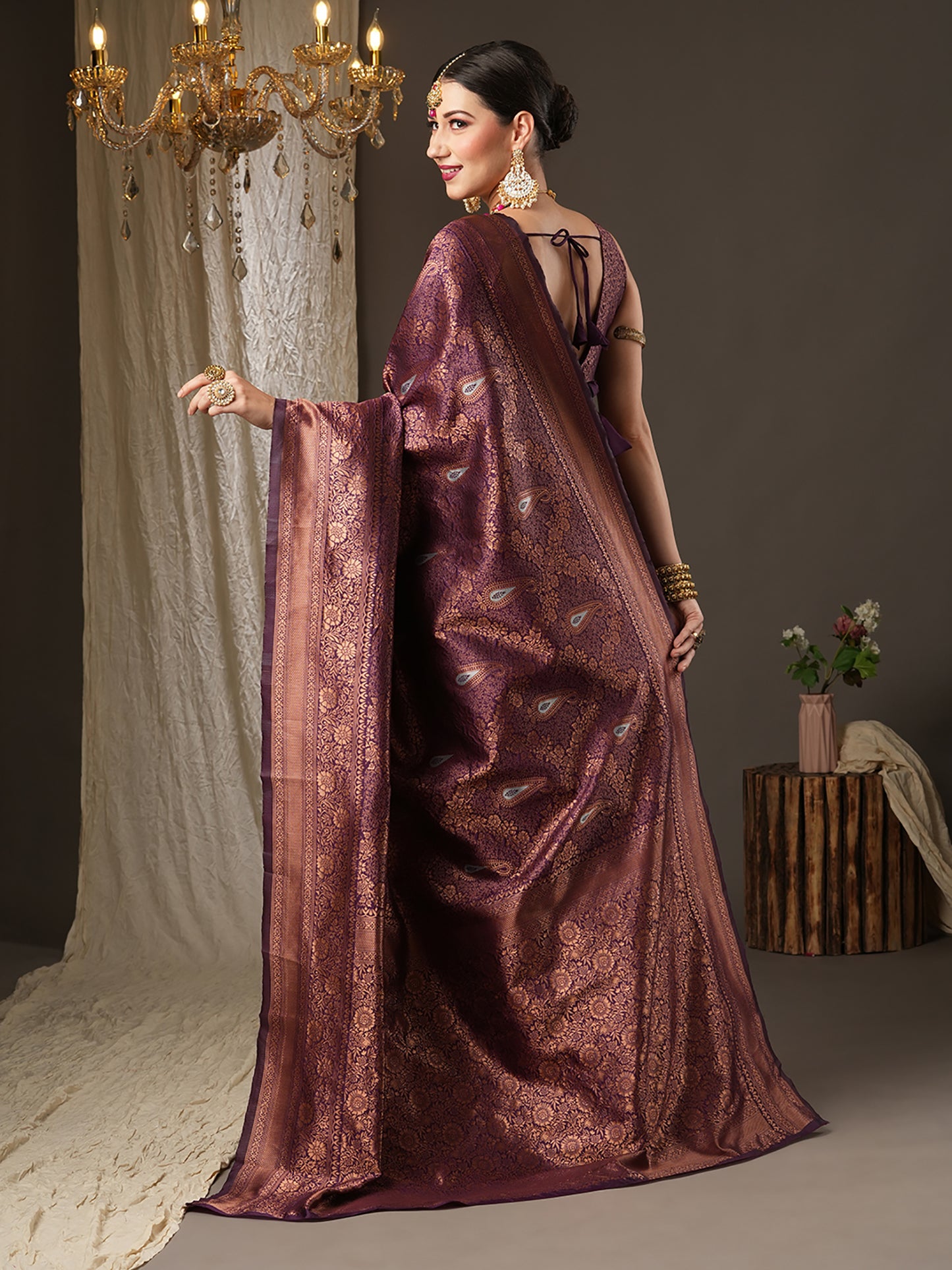 Women's Silk Blend Purple Woven Design Designer Saree With Blouse Piece