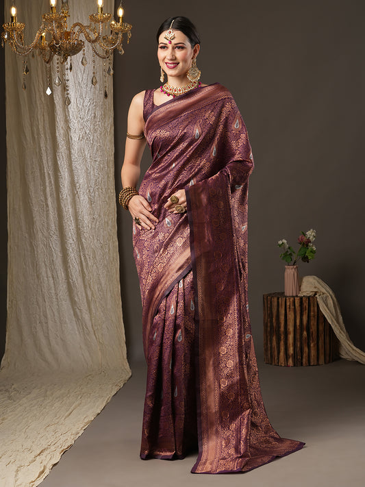 Women's Silk Blend Purple Woven Design Designer Saree With Blouse Piece