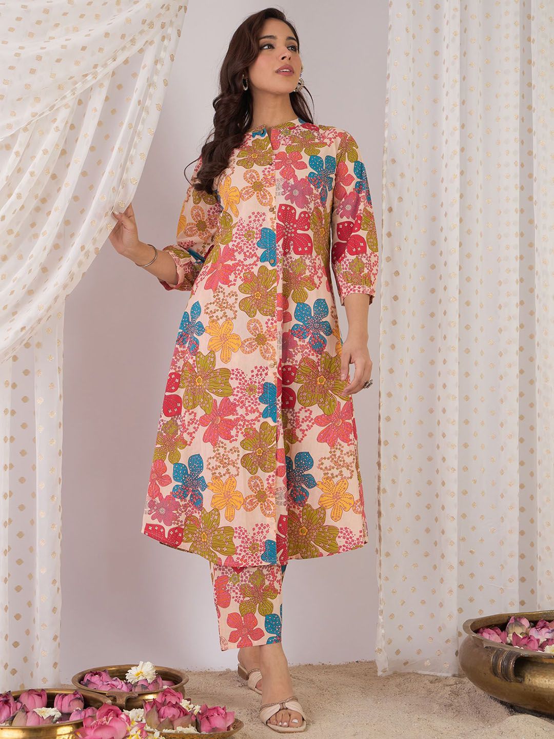Dhiyona IE Floral Printed Mandarin Collar Pure Cotton A-Line Tunic With Trouser