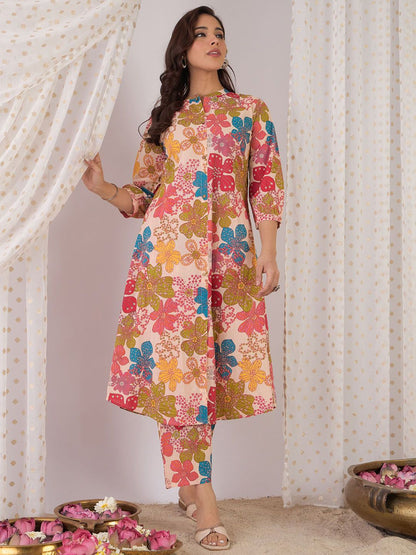 Dhiyona IE Floral Printed Mandarin Collar Pure Cotton A-Line Tunic With Trouser