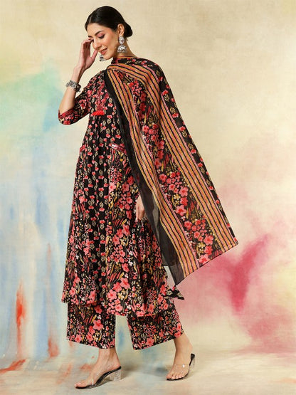 Women's Women Floral Printed Regular Pure Cotton Kurta with Trousers & With Dupatta