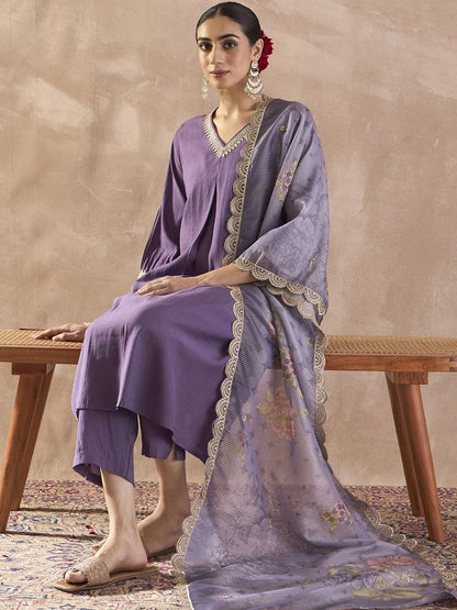 Sequinned A-Line Kurta With Trousers & Dupatta