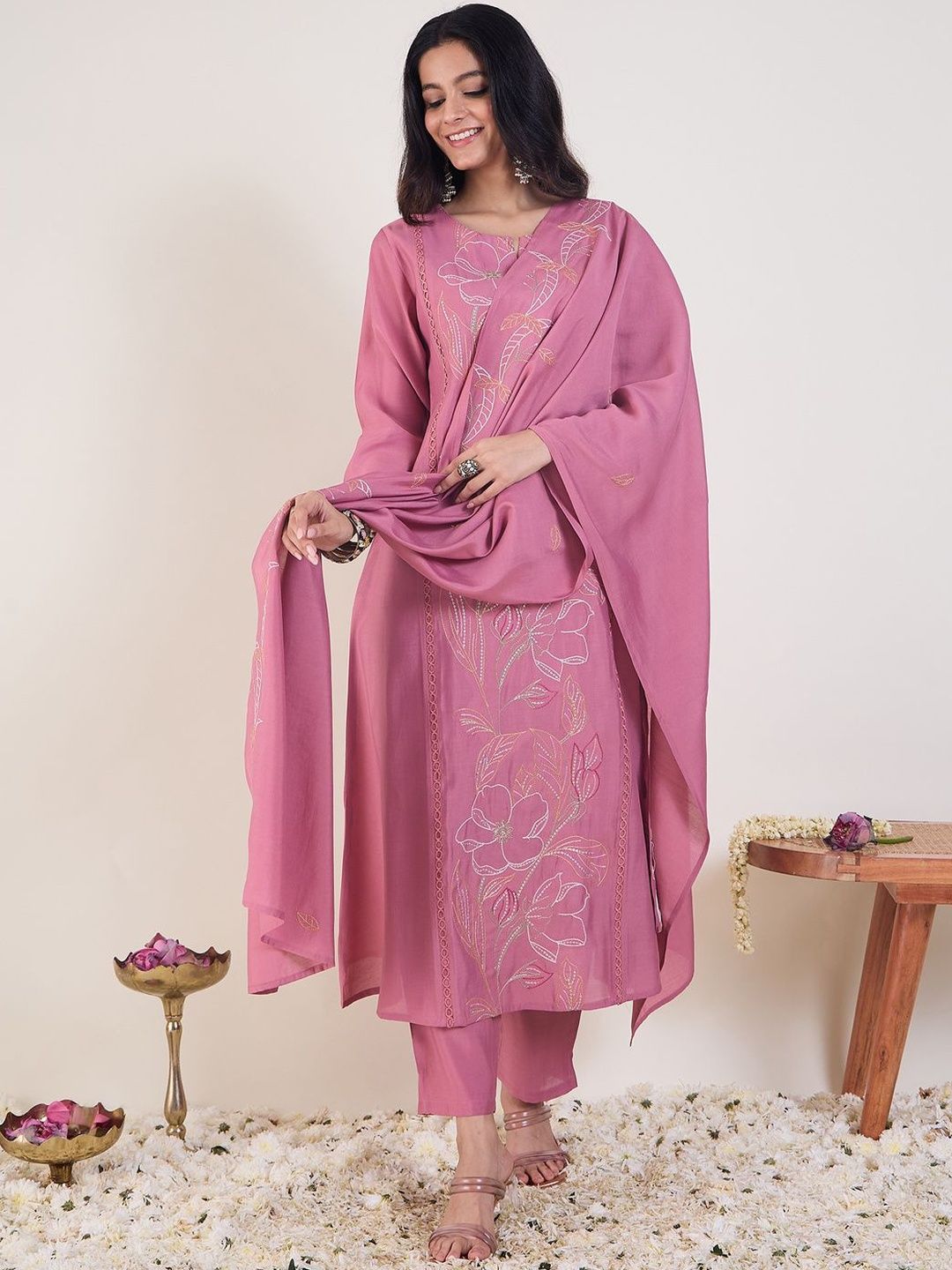 Floral Embroidered Thread Work A-Line Kurta & Trousers With Dupatta