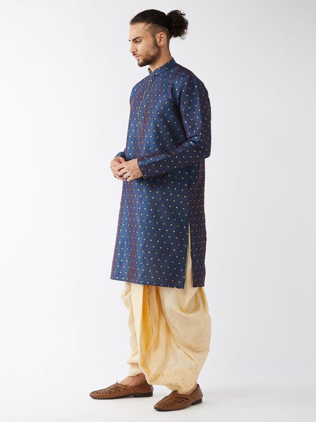 Men's Blue Silk Blend Straight Kurta and Dhoti Set