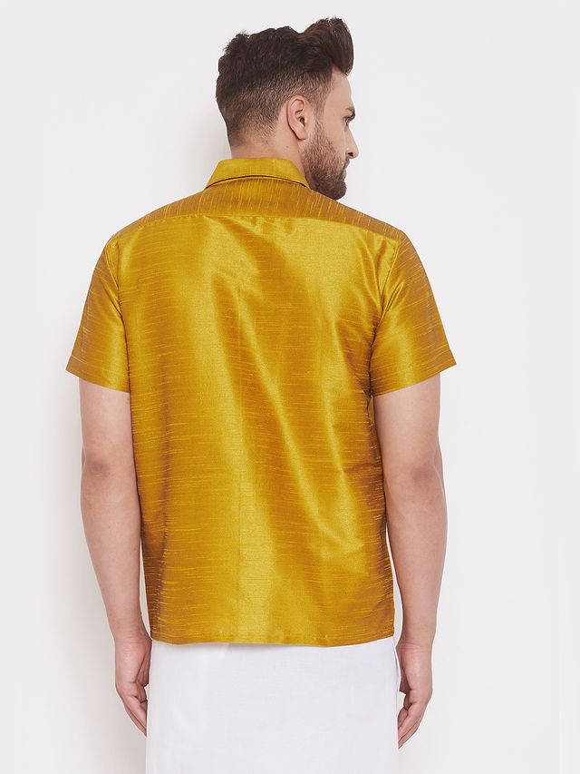 Men's Mustard Silk Blend Straight Shirt And Mundu