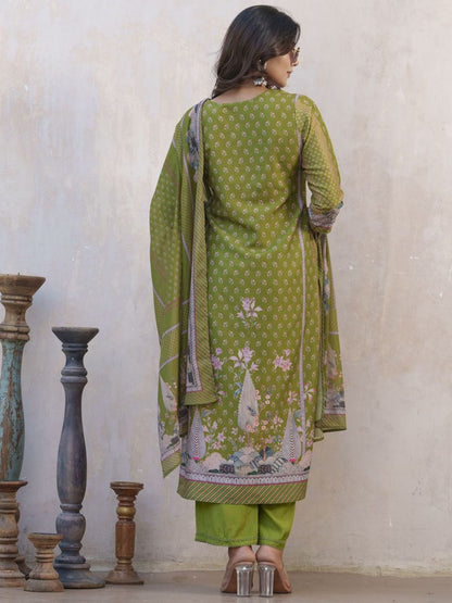 Dhiyona SN Women's Floral Printed Keyhole Neck Muslin Straight Kurta With Trouser & Dupatta