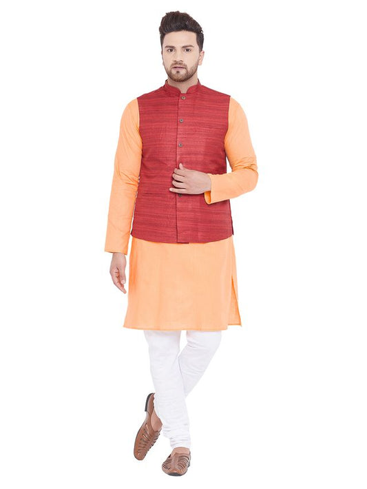Men's Fawn Cotton Blend Straight Jacket  Kurta and Pyjama Set