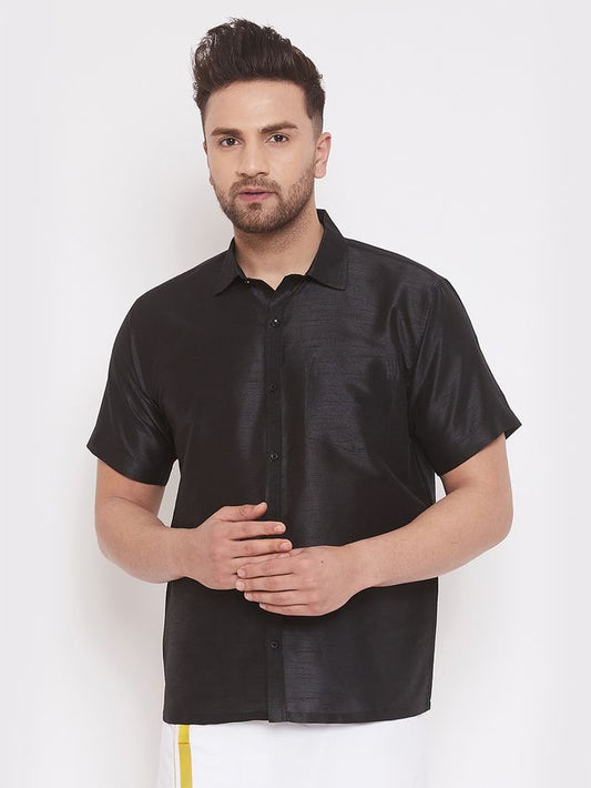 Men's Black Silk Blend Straight Ethnic Shirt