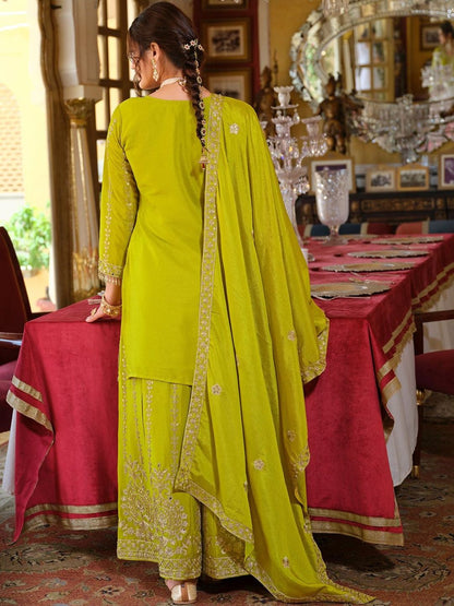 Dhiyona IE Floral Embroidered Zari Kurta With Palazzos & Dupatta