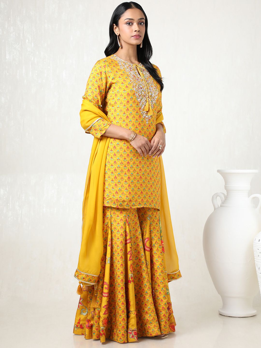 Dhiyona SO Women's Women Floral Printed Angrakha Mirror Work Kurta with Sharara & With Dupatta