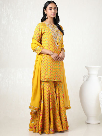 Dhiyona SO Women's Women Floral Printed Angrakha Mirror Work Kurta with Sharara & With Dupatta