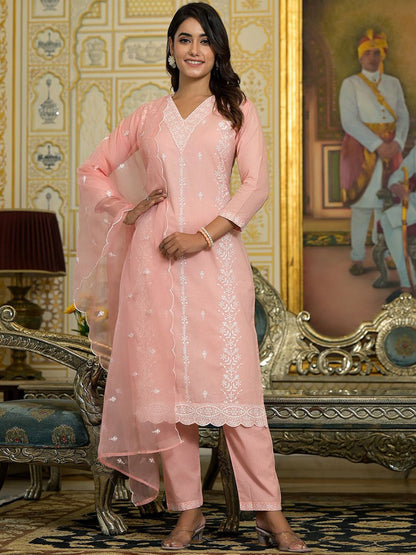 Dhiyona VA Women's Floral Embroidered Regular Pure Cotton Kurta with Trousers & With Dupatta