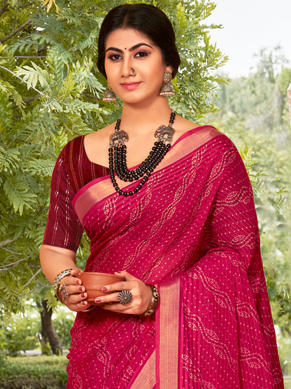 Women's Cotton Blend Pink Printed Designer Saree With Blouse Piece