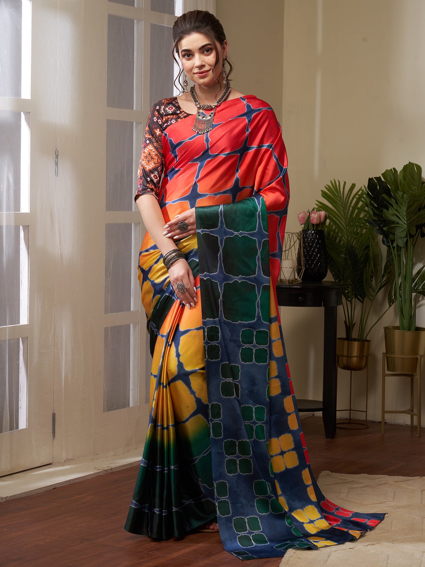 Women's Crepe Red Digital Print Celebrity Saree With Blouse Piece