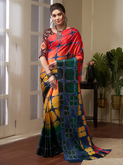 Women's Crepe Red Digital Print Celebrity Saree With Blouse Piece