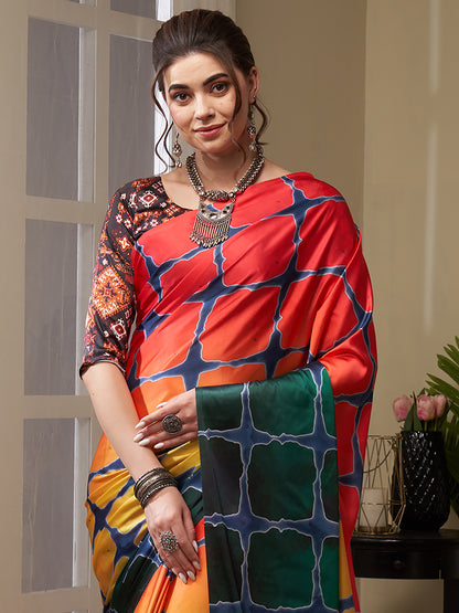 Women's Crepe Red Digital Print Celebrity Saree With Blouse Piece