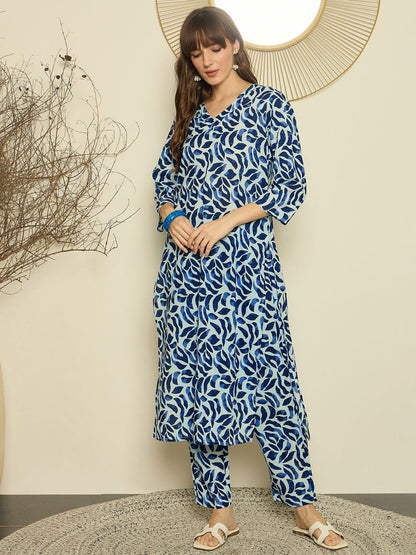 Floral Printed V-Neck Sequinned Pure Cotton Kurta With Trousers
